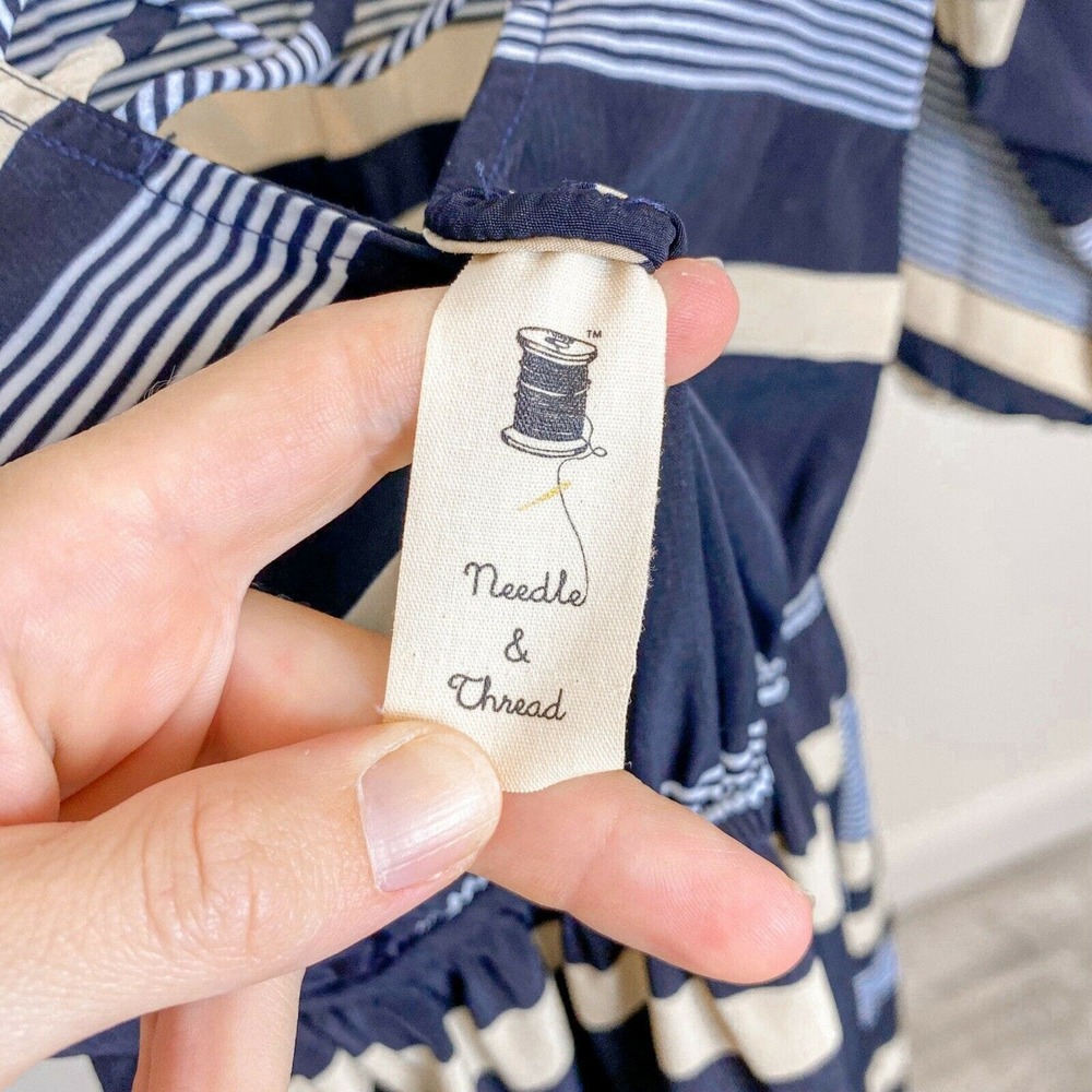 Anthropologie Needle & Thread Dress Blue Long Sleeve Gold Stripes - Picture 9 of 12